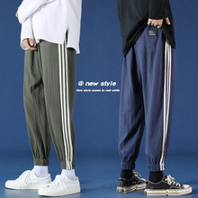 春秋夏季棉麻复古休闲裤大码男原创束脚条纹运动九分棉麻休闲裤