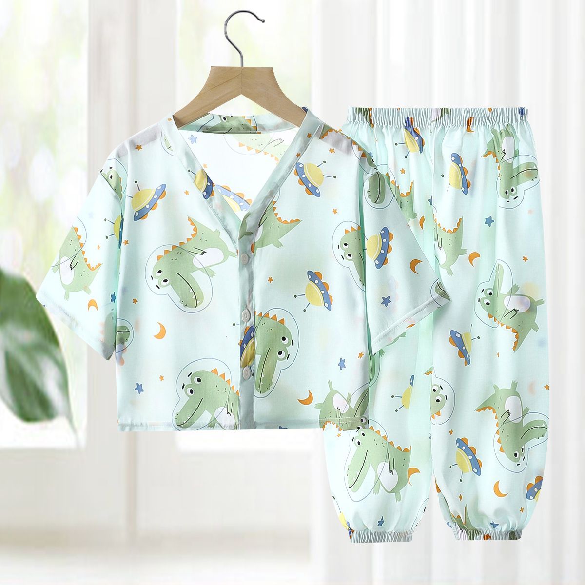 Pajamas de seda de algodón para niños, ropa de aire acondicionado de algodón artificial de verano, ropa para niños y niñas, ropa para el hogar de seda de algodón, dos juegos de ropa infantil