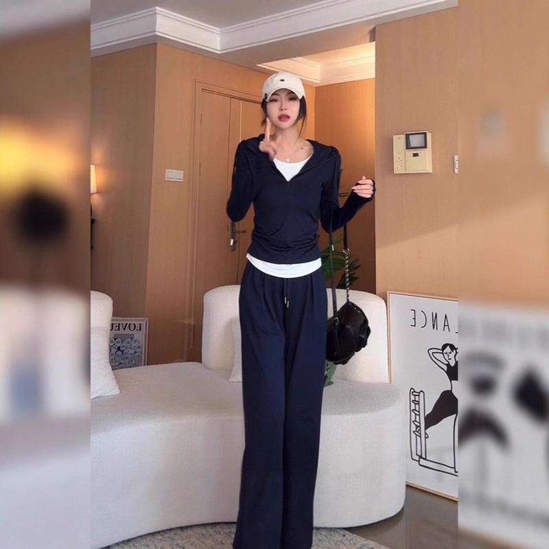 Autumn Contrasting Color Fake Two-Piece Hooded T-Shirt Sweatshirt Waist Slimming Look Top and Pants Suit for Women