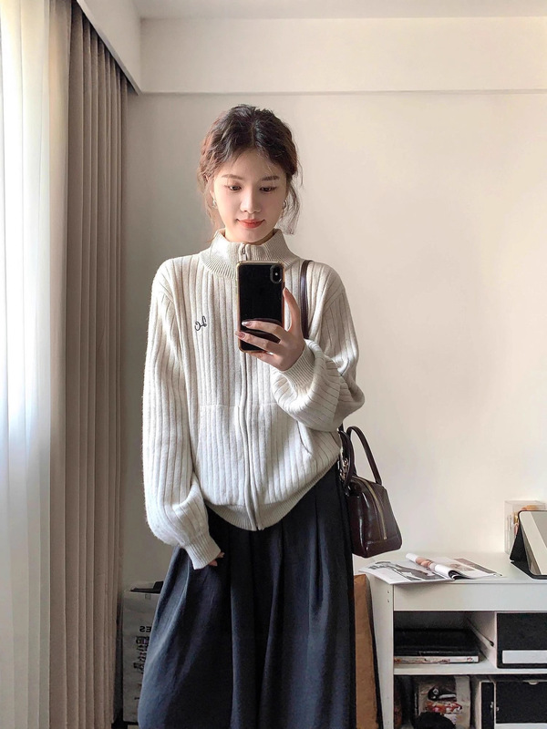 半高领灰色毛衣开衫外套女秋冬季2025新款慵懒风宽松针织上衣外搭|undefined