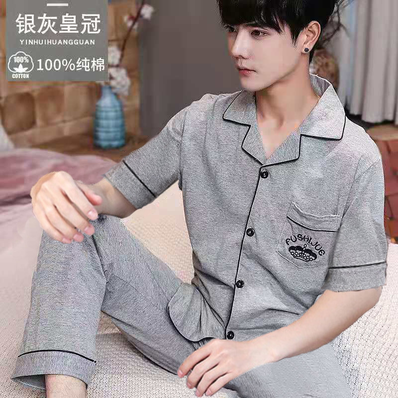 Pijamas de hombre verano 100% algodón pantalones de manga corta de primavera y otoño a cuadros finos traje de desgaste para el hogar juvenil más tamaño