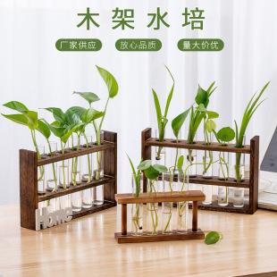 Creative Letters Wooden Frame Test Tube Transparent Glass Vase for Hydroponic Green Planting Flower Cultivation Container Desktop Decorative Vase