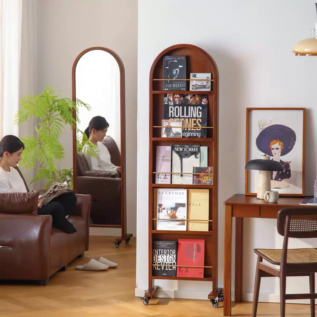 中古风全身镜实木可旋转全身穿衣镜一体式落地卧室杂志架试衣镜子