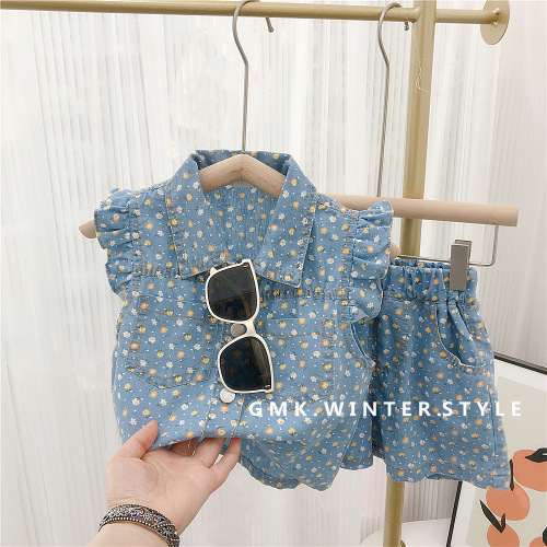 Girls summer flying sleeve denim floral suit baby girl clothes Korean version 2024 new children's two-piece set