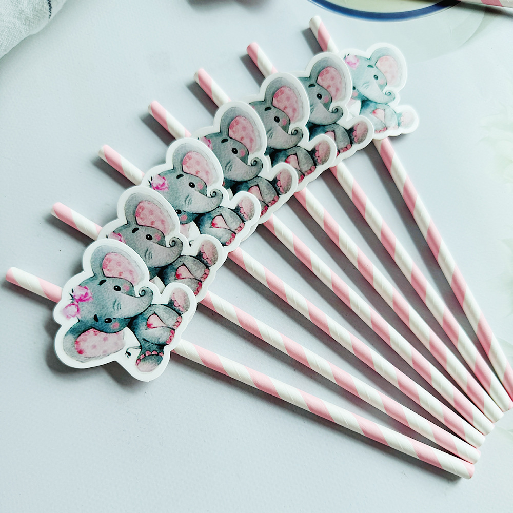 Elefantes transfronterizos tarjetas de elefantes paja desechable decoración de dulces fiesta paja pastel decoración