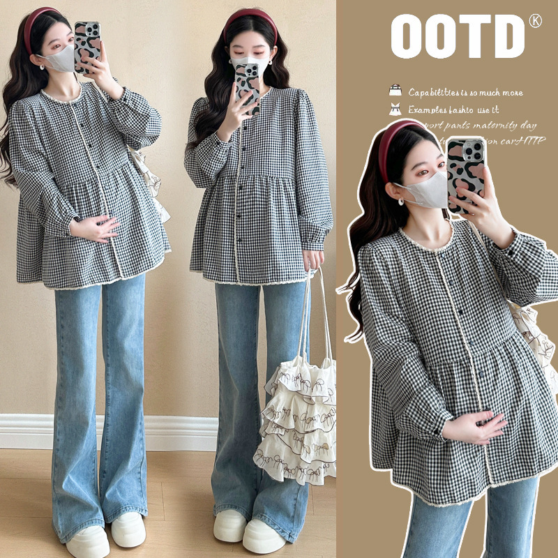 Maternity Spring Fashion Long Sleeve Plaid Shirt Loose plus size Casual Slimming Doll Shirt Spring Top Shirt