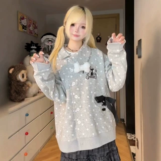 日系波点蝴蝶结不规则门襟外套小众设计感翻领开衫