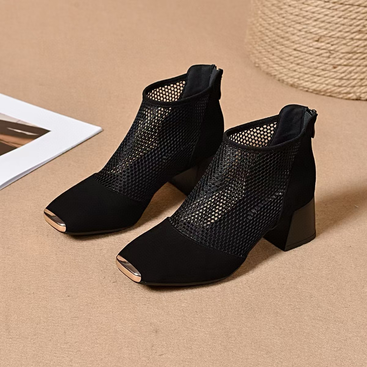 Giày sandal nữ da thật mũi vuông phối lưới kiểu La Mã, gót dày, thoáng khí, boot ngắn phối lưới — màu đen chi tiết 8