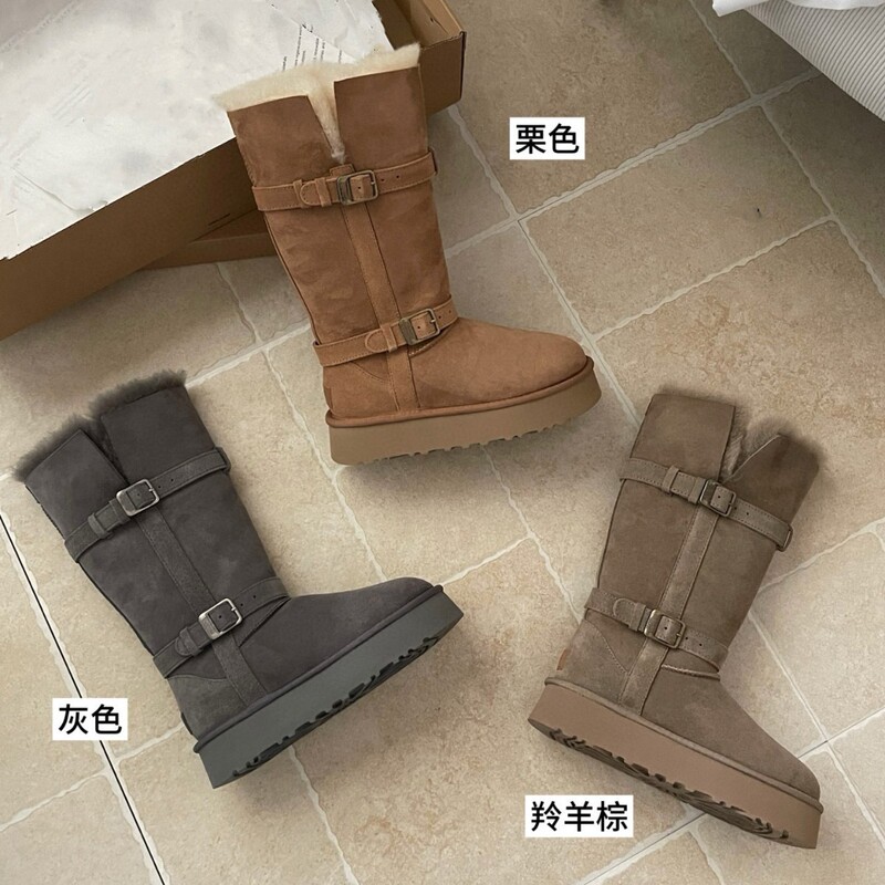 河南桑坡女冬季新款厚底骑士高筒靴羊皮毛一体皮带扣时保暖雪地靴|undefined