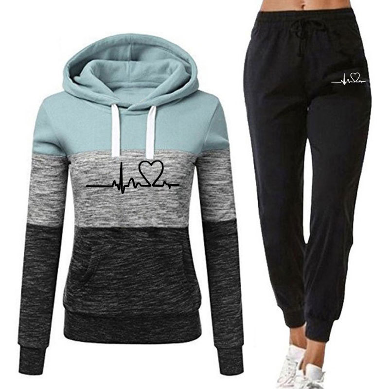 Women's Colour Block Hooded Sportswear Set Autumn Winter Active_voghion.com