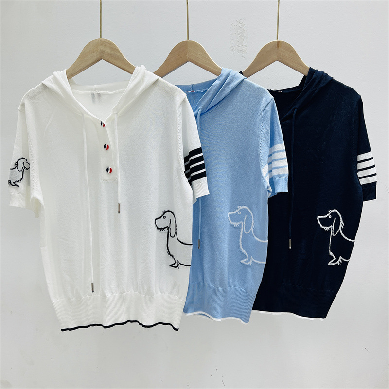 Summer New Hooded Pullover Front and Back Stitching Puppy Striped Short Sleeve Ice Silk Knit T-shirt Women's Top Trendy Summer New Hooded Pullover Front and Back Stitching Puppy Striped Short Sleeve Ice Silk Knit T-shirt Women's Top Trendy