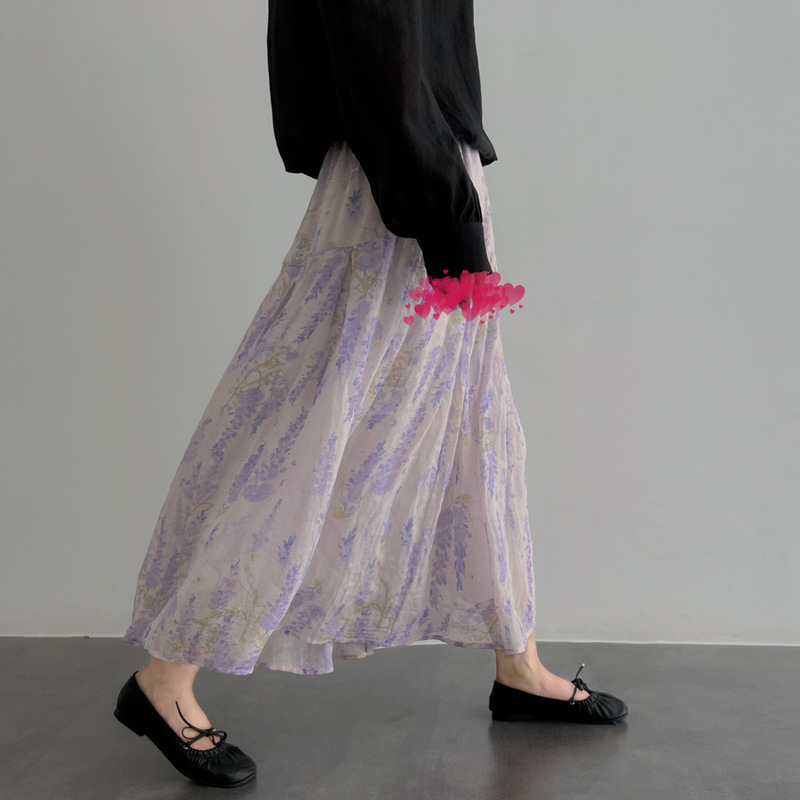 Wisteria Flower High-End Twisted Fine-Spun Yarn Natural Ramie Mid-Length A-Line Fairy Skirt Homemade