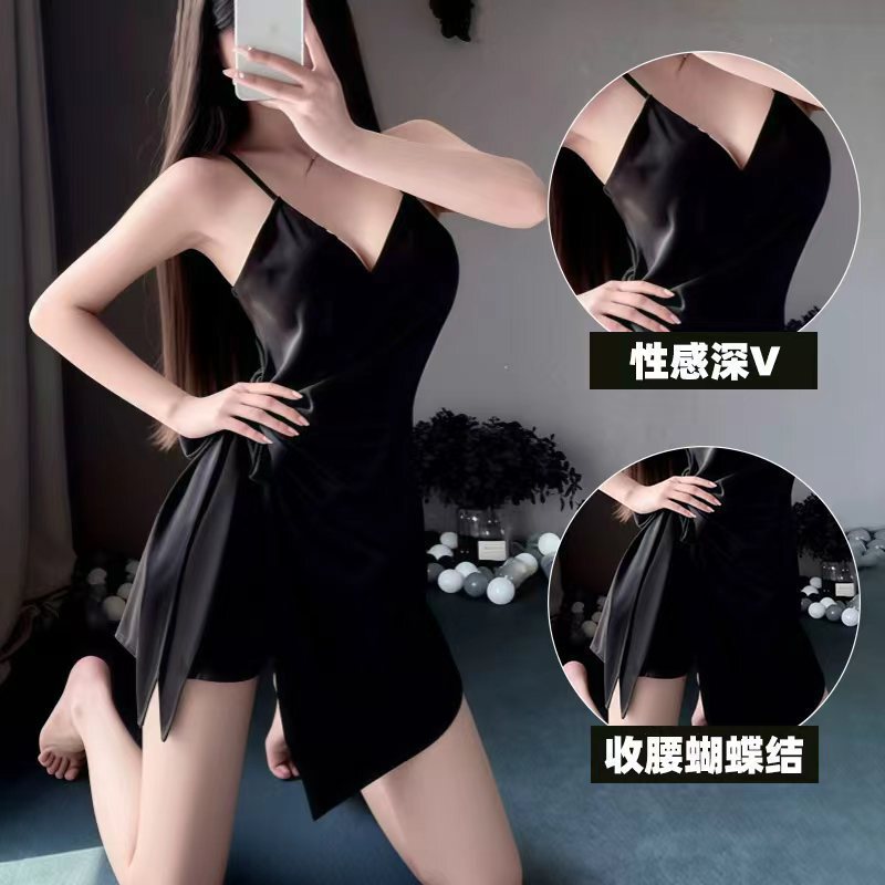 Sexy Lingerie, Sexy Nightgown, Pure Lust Style Ice Silk Lace-Up High-End Cut Out Deep V Short Skirt Suspender Nightgown