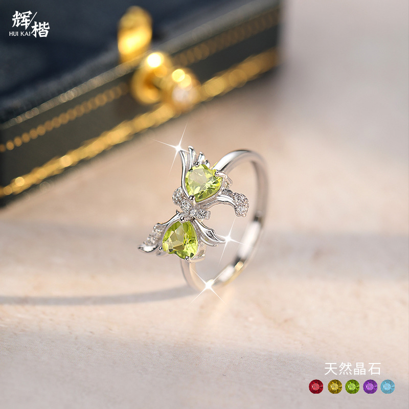 Anillo de mariposa de peridoto natural de lujo ligero para mujer s925