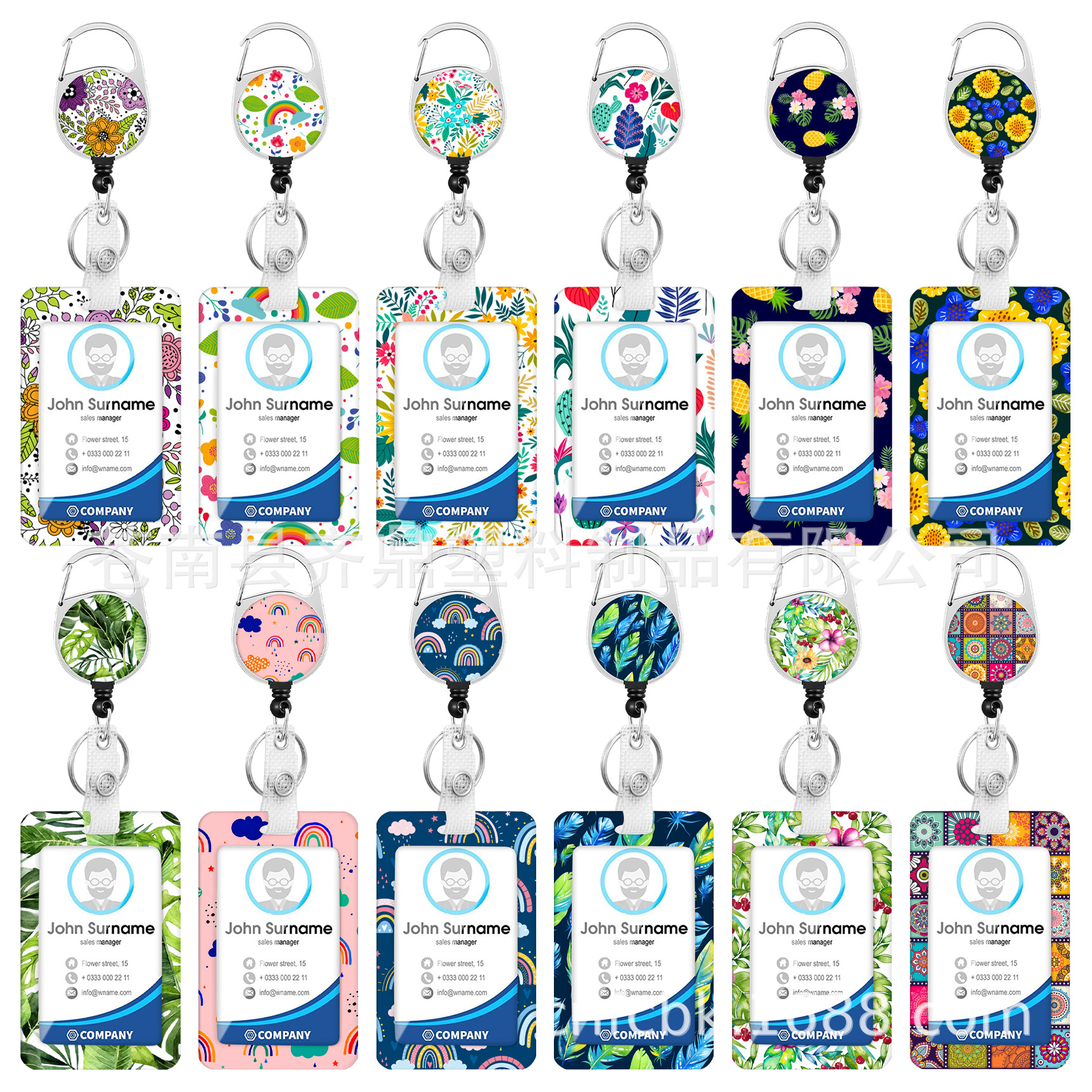 Ronda de aleación de zinc de epoxi arco iris fácil tire hebilla transferencia térmica de poliéster cordón de plumas de pvc titular de la tarjeta de identificación floral