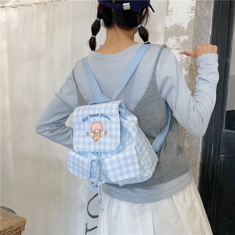 新款韩系小众ins风格子双肩包抽绳刺绣小羊背包学院风休闲书包潮|undefined