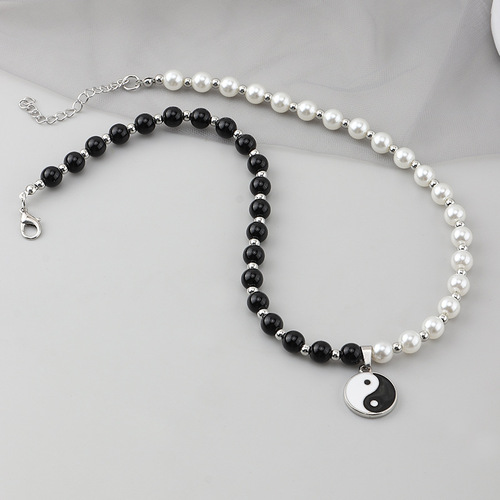 Rapper gogo dancers hiphop dance gossip necklace for unisex fashion hip-hop personality and white pearl pendan Yin and Yang tai chi bagua necklace