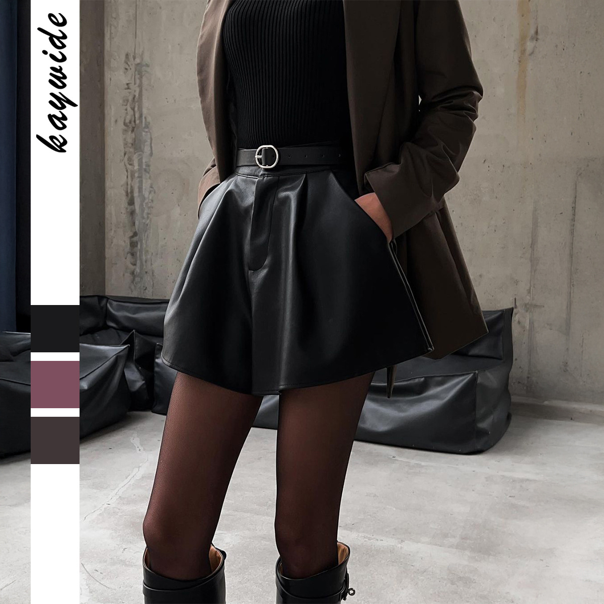 Diyun European and American Elegant Casual Versatile Solid Color Leather Shorts Women's Clothing 2025 Autumn and Winter Amazon Independent Site