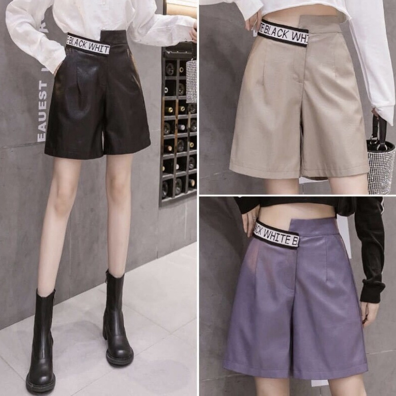 Pu Leather Shorts for Women, Autumn and Winter New High-Waisted Wide-Leg Loose Slimming Fashion Versatile Straight Five-Point Shorts for Outerwear Boot Shorts