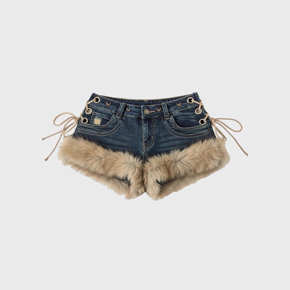 Low-Rise Denim Shorts For Women, Y2K Vintage Frayed Hem Distressed Shorts With Faux Fur Accent, High-Waist Contrast Styling_ecoleips.com