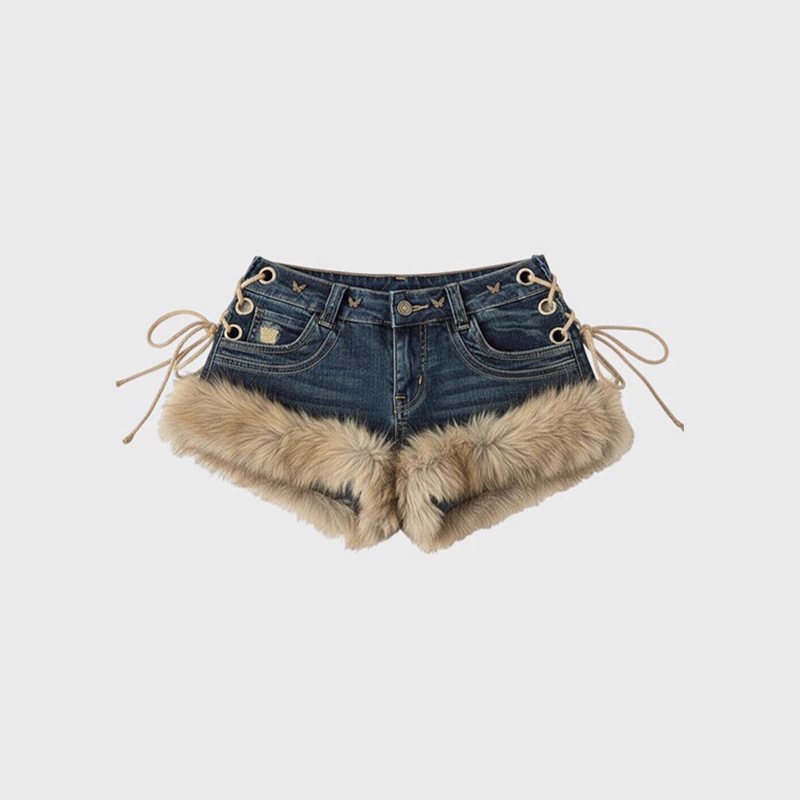 American Retro Y2K Millennial Hot Girl Low Waist Slim Denim Shorts Women's Design Furry Patchwork Super Shorts