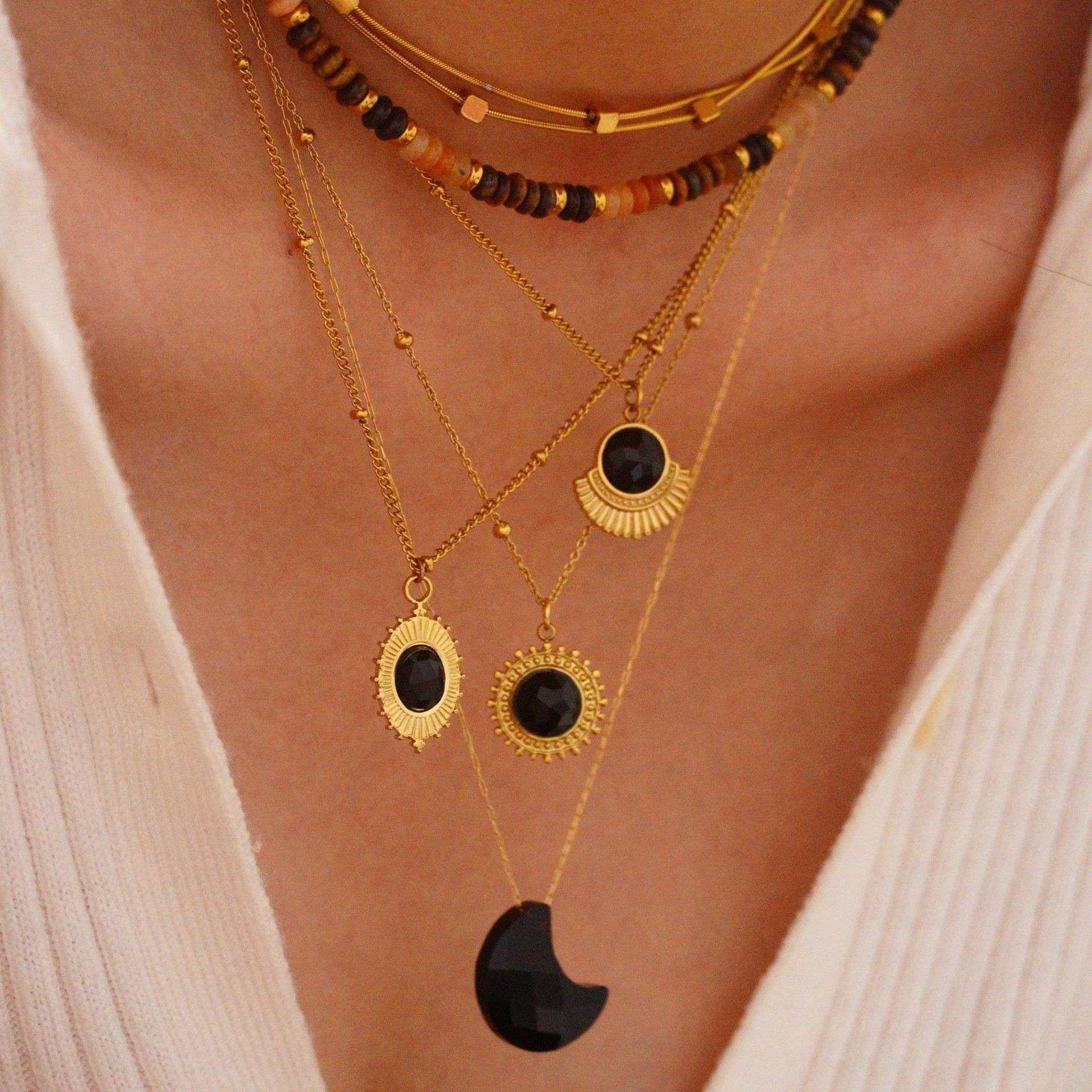 Simple Style Moon Natural Stone Titanium Steel Necklace In Bulk display picture 1