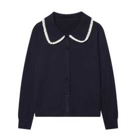 春季新款藏青色色单排扣毛衣开衫撞色娃娃领小个子针织衫女秋外套