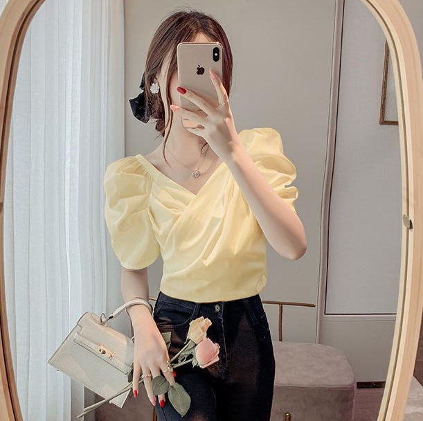 2025 Spring and Summer New French Puff Sleeve Design Lace-Up Women's Short-Sleeved Short Top Style T-Shirt Shirt