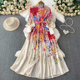 繁华系列印花立领灯笼袖连衣裙女秋季新款雪纺度假系带优雅长裙子