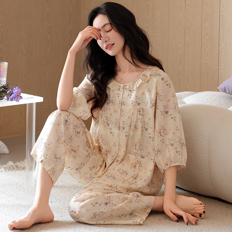 Summer Three-Quarter Sleeve Pajamas for Women, Comfortable and Soft Lyocell Cardigan, Thin Sweet Printed Home Wear Casual Set Summer Three-Quarter Sleeve Pajamas for Women, Comfortable and Soft Lyocell Cardigan, Thin Sweet Printed Home Wear Casual Set
