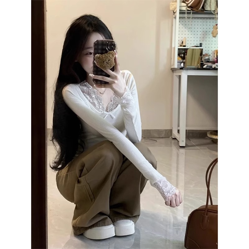 白色纯欲低圆领蕾丝花边长袖恤女2025年秋季气质内搭打底衫上衣|undefined