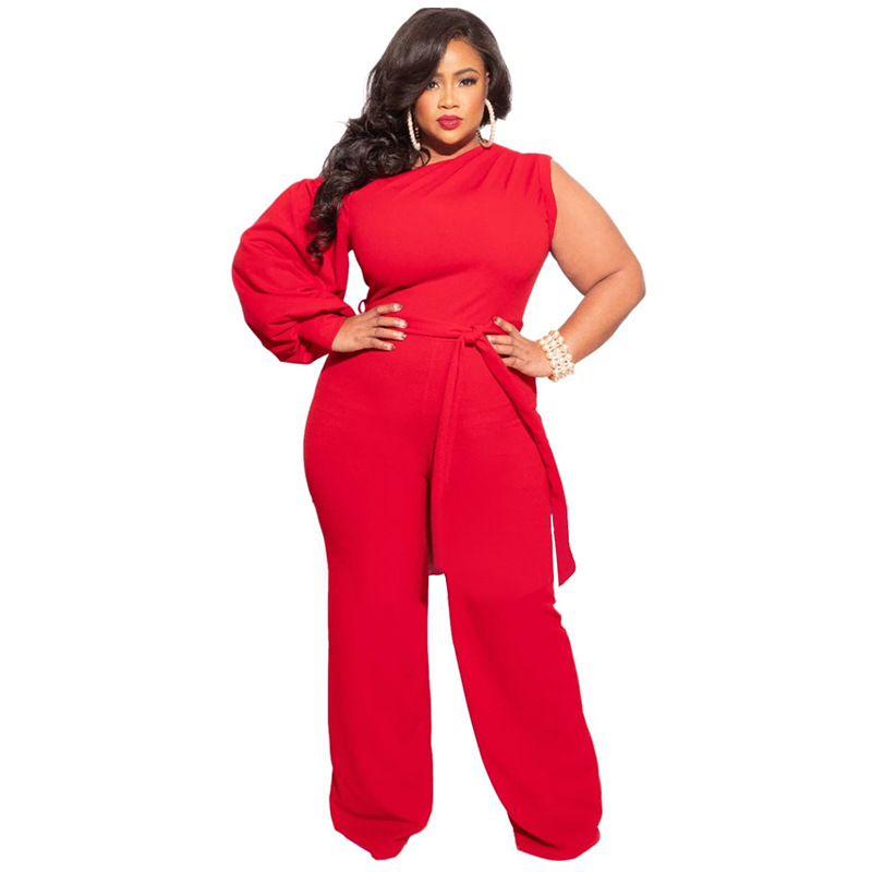 plus size single-shoulder long sleeve slim lace-up solid color jumpsuit NSLNW122659