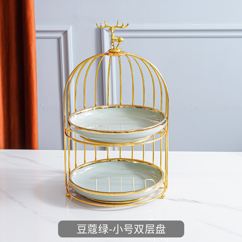 Plato de fruta de cerámica de lujo ligero mesa de café de la sala de estar cesta de frutas en casa plato de pastel de caramelo creativo adornos de almacenamiento de postre de doble capa