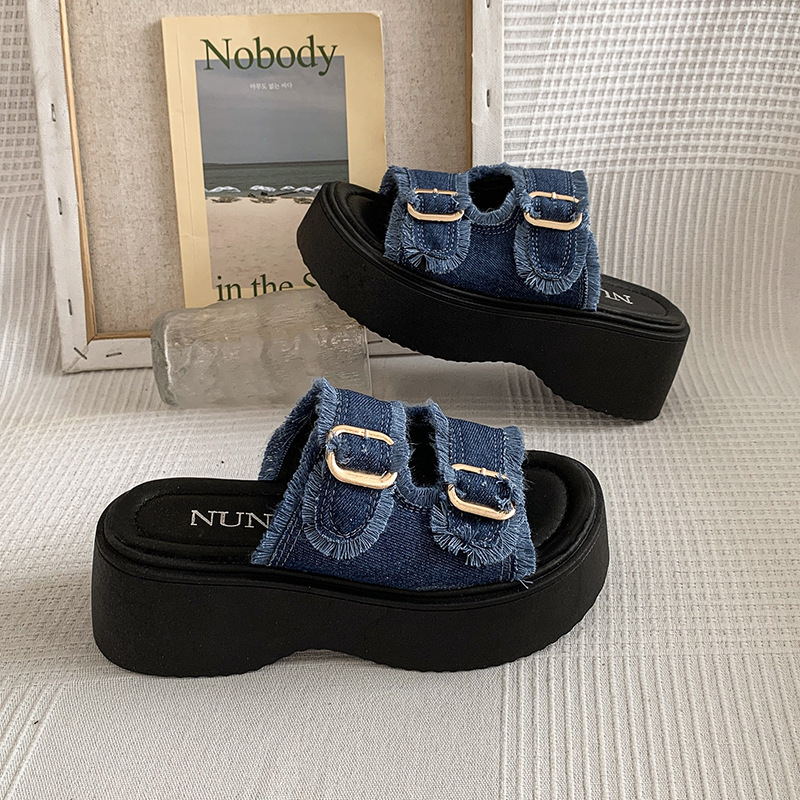 2026 verano sandalias de altura denim transfronterizas ventas calientes casuales redondas de cordón trasero sandalias de playa