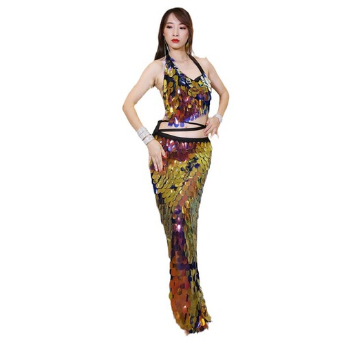 251# Mermaid Sequin Hip Scarf Belly Dance Black Dance Suit Belly Dance Performance Costume Suit
