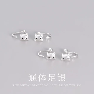 足银999小猫尾巴耳环简约小众小巧日常新款学生百搭耳钉卡通耳饰