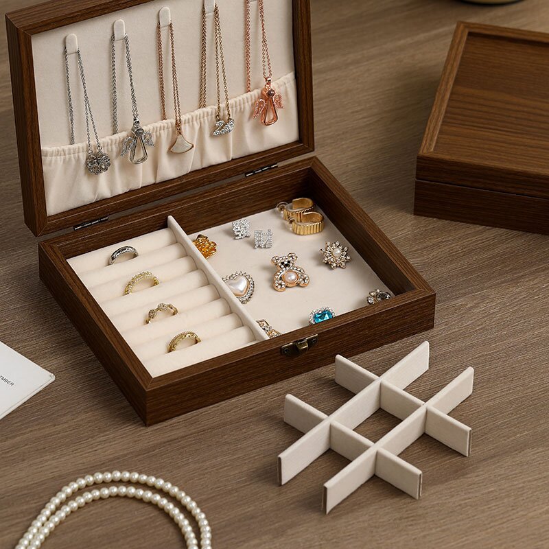 Caja de joyería de nuez caja de almacenamiento pendientes anillo collar brazalete joyería multifuncional polvo al por mayor