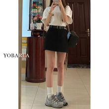 黑色休闲西装短裙女夏季大码胖mm高腰显瘦梨形身材遮胯a字半身裙