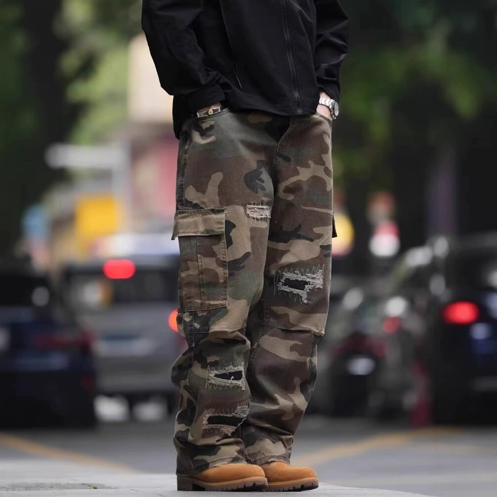 Камуфляжный дизайн джинсы, брюки, oversize, свободный прямой крой