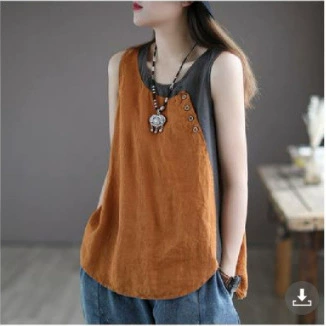 2021 летняя новая горячая распродажа жилет из хлопка и льна женский контрастный цвет с вышивкой, Свободный Топ с круглым вырезом, женское украшение на пуговицах