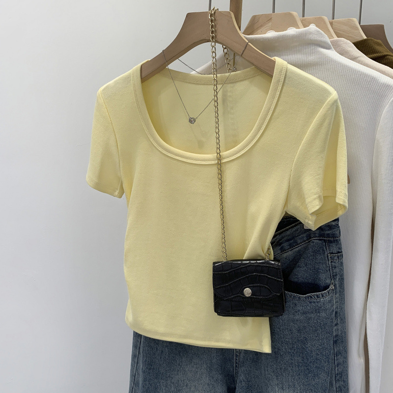 Summer Ootd Korean Style Simple Casual U-Neck Right Shoulder Short-Sleeved T-Shirt for Women 2025 Summer New Style Yellow Exquisite Small Top