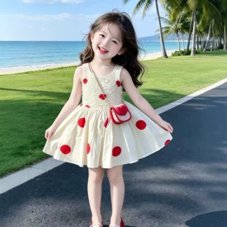 女童无袖波点连衣裙夏季爱心装饰蓬蓬裙可爱甜美小女孩绝美公主裙