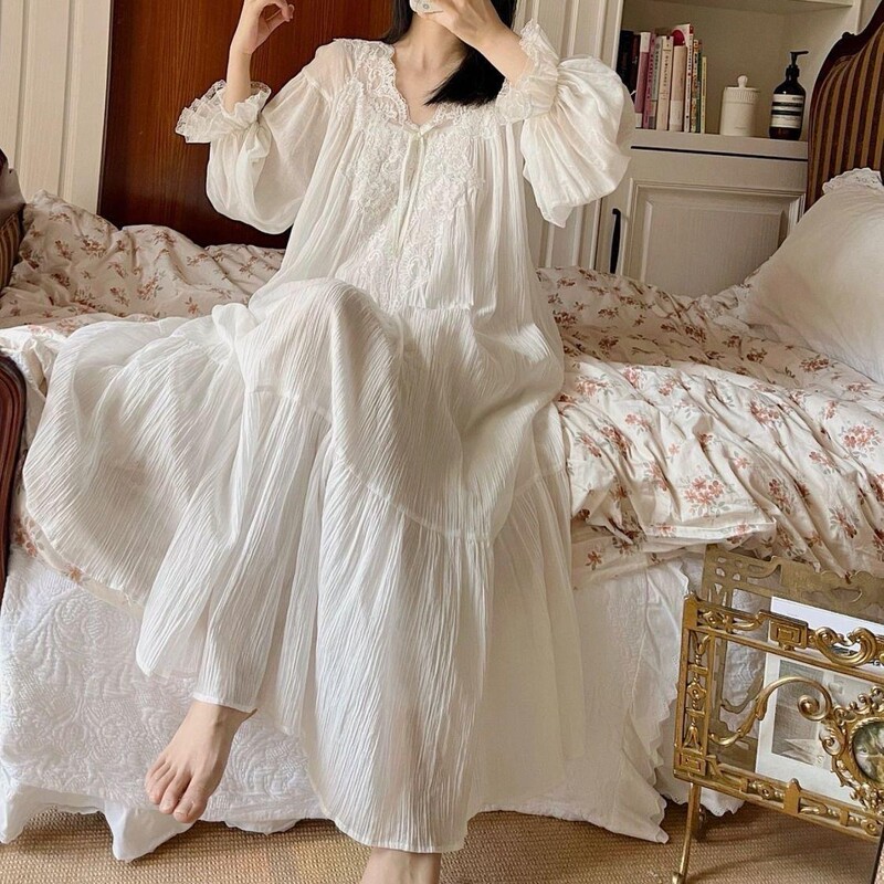 法式宫廷甜美公主风睡裙女长袖春秋夏季高级感蕾丝花边睡衣连衣裙|undefined