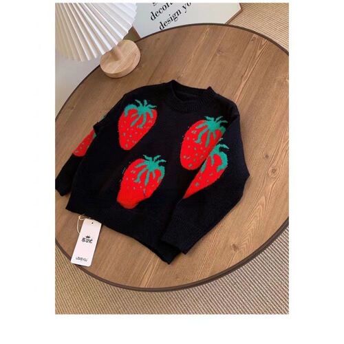 ~Women's Children's Set of Two for Autumn and Winter Wear~ Knit Top and Jacket with Floral Strawberries, Cute Ribbed Long Pants