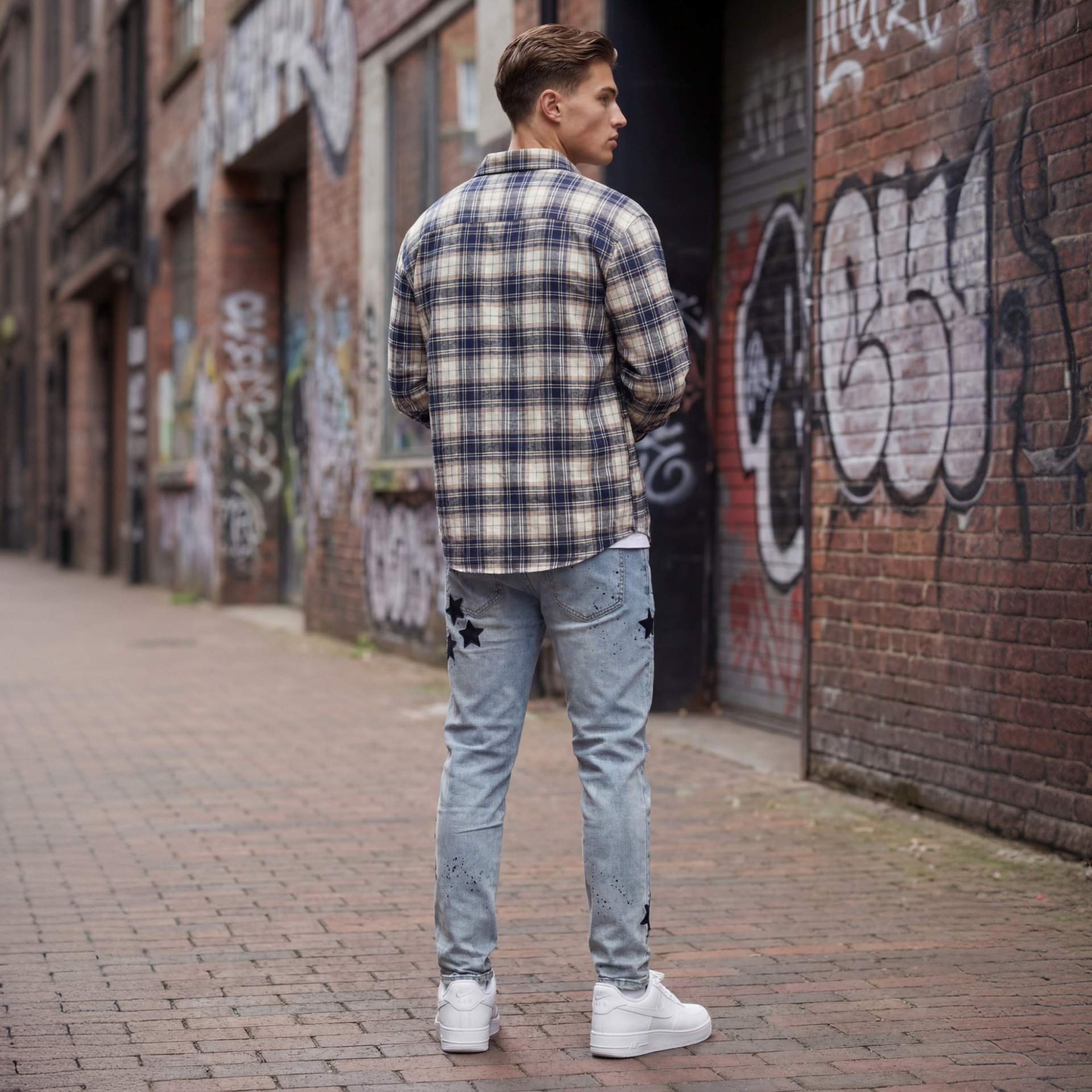 Men's Slim Fit Straight Leg Jeans Star Appliqué Embroidery Splatter Paint Ripped High Street Style Heavy Duty Trendy Brand_mkmklike.com