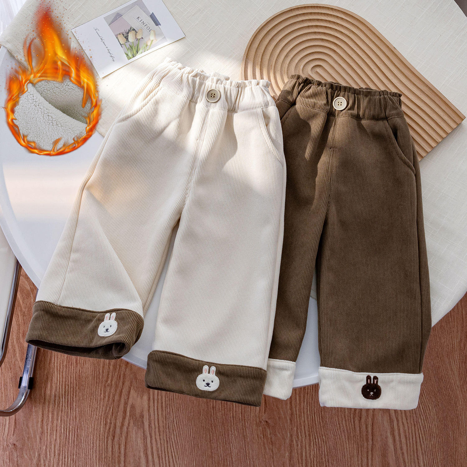 Girls' fashionable rabbit embroidery plus velvet casual pants baby winter contrast wide-leg pants autumn and winter new warm trousers
