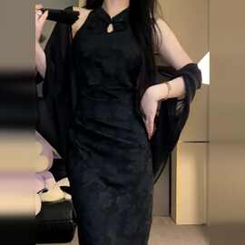 新中式国风春夏旗袍连衣裙子女装2025新款秋季高级感黑色长裙套装