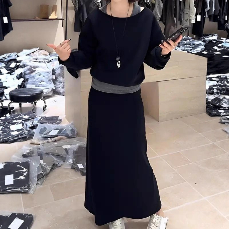 韩系女装设计感黑色假两件斜肩上衣半身长裙宽松显瘦春秋气质套装|undefined