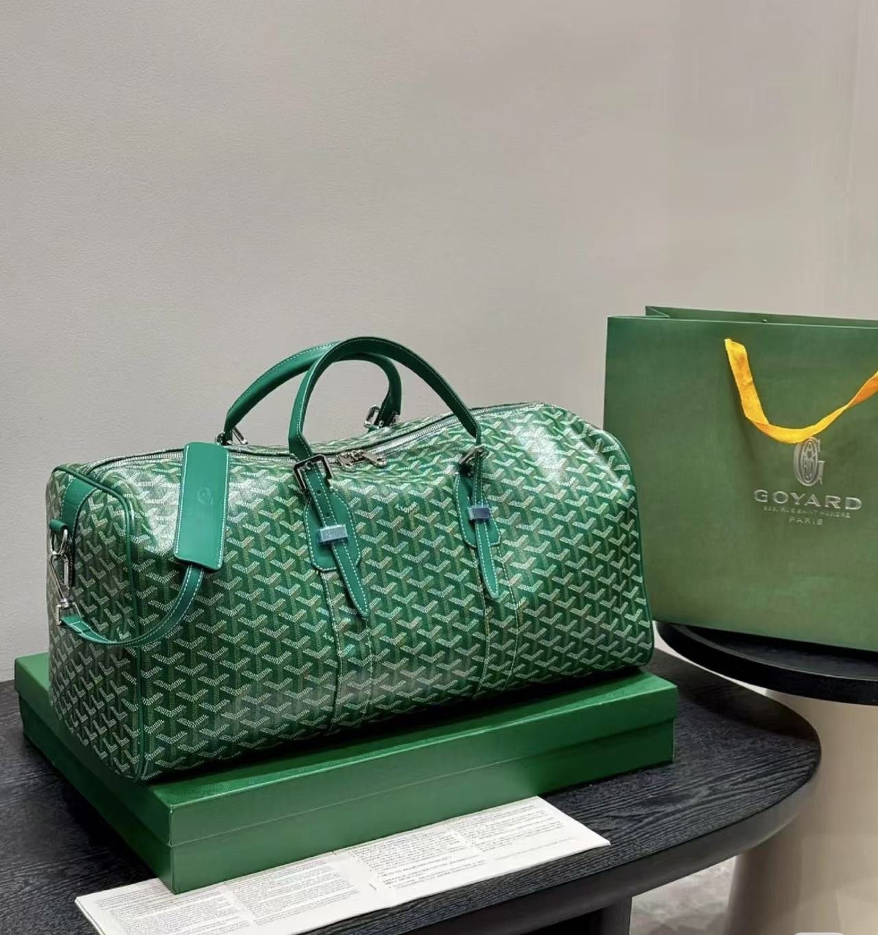 Goyard Boston 50 Green Goyardine Canvas