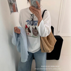琪镌绘制韩系猫咪卡通印花长袖T恤女装宽松百搭打底衫上衣325244